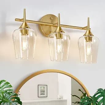3-Light Bathroom Light Fixtures, 19.5 Inch Brushed Gold Vanity Lights with Wine-Glass Shape, Bathroom Lights Over Mirror, Modern Wall Lamps for Bedroom Living Room Hallway