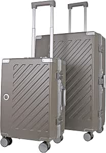 100% Polycarbonate Zipperless Suitcase Set, Small Carry On + Large Check in Luggage, Double TSA Locks, Hardside 4 Spinner Wheels, Aluminium Handle, Flight Case for Travel in Khaki Grey