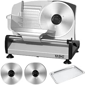 YASHE Electric All-Slicer with Quiet DC Motor, 200 W Bread Slicer, Dual 19 cm Stainless Steel Blades, 0-15 mm Adjustable Cutting Thickness, Ideal for Meat, Cheese, Bread and Vegetables