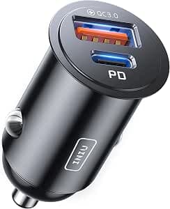 INIU Car Charger, Cigarette Lighter USB Charger Total 60W [USB C 30W+USB A 30W] 12V USB Socket, PD3.0 Fast Charge Car Phone Charger Metal Adapter for iPhone 17 16 15 14 13 Pro Max iPad Samsung Google