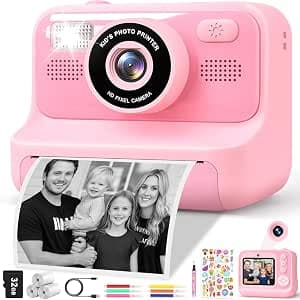 Children's Instant Camera, 2.4 Inch Screen Selfie Instant Camera for Children with 32GB Card & 3 Rolls of Printing Paper, Christmas Gift Toy Girl Boy 3 to 12 Years (Pink)