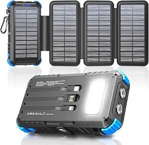 Solar Power Bank 20000 mAh with 4 Solar Panels, USB C 15 W Quick Charge 5 Outputs with 3 Cables, Waterproof Outdoor External Battery with Carabiner & Torches for Camping, Phones, Tablets