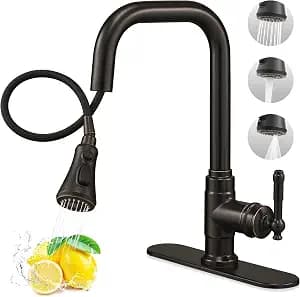 3 Modes Oil Rubbed Bronze Kitchen Faucet with Pull Down Sprayer, 360 Degree Swivel Kitchen Sink Faucets Suit 1 Hole or 3 Hole Include Deck Plate & Hoses