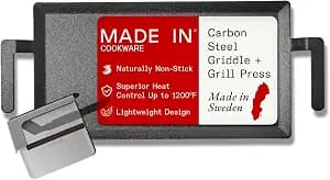 Made In Cookware - Carbon Steel Griddle + Grill Press - Professional Cookware - Crafted in Sweden - Induction Compatible