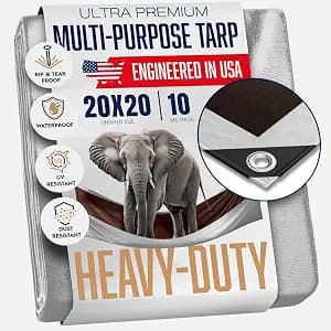 12x20 Heavy Duty Tarp, 10 Mil Thick, Waterproof, Tear & Fade Resistant, High Durability, UV Treated, Grommets Every 18 Inches. (Silver/Brown - Reversible) (12 x 20 Feet)