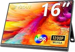 Veout 16 Inch Portable Screen, 1920 x 1200 FHD, IPS Gaming Screen for Laptop/PC/Mac/PS5/Xbox with USB-C and HDMI, Ultra-Slim Monitor with Stand, 16:10, Brightness 300 CD/m²