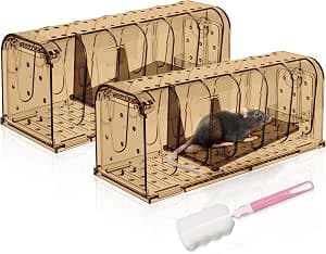 2PCS Humane Mouse Trap, Live Catch and Release Mouse, Mouse Trap with Cleaning Brush for Indoor and Outdoor (Brown)