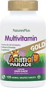 NaturesPlus Animal Parade Gold Children's Multivitamin, Grape Flavor - 120 Chewable Animal Shaped Tablets, Pack of 2 - Vegan, Gluten Free - 120 Servings