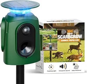 Solar Powered Cat Repellent Ultrasonic Deer Repellent 360 Degree Animal Deterrent Waterproof Squirrel Repeller with Flashing Light Outdoor Skunk Repellent Outdoor Yard Lawn Garden (Dark Olive)