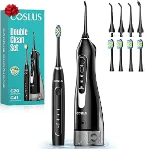 COSLUS Water Teeth Flosser & Electric Toothbrush Combo: 2-in-1 Portable Deep Cleaning Kit, Sonic Toothbrush and Pick with Multiple Modes & 4 Tips 4 Brushes for Family, IPX7 Waterproof, Black, C20&C41