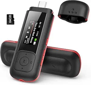 AGPTEK 64GB USB C MP3 Player, A55PL 2 in 1 Type-C & USB Stick Music Player | Supports Replaceable AAA Battery, FM Radio, Recording