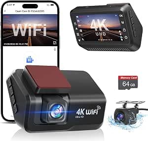 CHORTAU Car Dashcam Front Rear 4K+1080P WiFi In-Car Camera with 3 Inch IPS App with Free 64GB Card, Car Camera with Night Vision, Parking Monitor, WDR