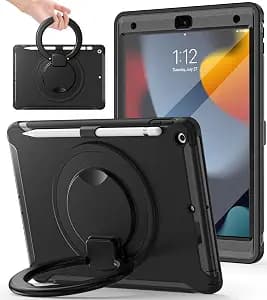 BATYUE Shockproof Case for iPad 7th/8th/9th Gen 2019/2020/2021 | 360° Multi-Angle Stand (Portrait & Landscape) & Grip, Built-in Screen Protector, Pencil Holder, Black