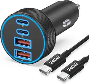 iPhone 17 16 15 Car Charger Fast Charging, 90W 4-Port USB C Fast Car Charger Cigarette Lighter Adapter with 240W 3FT USB-C Cable for iPhone 17/Air/17 Pro/17e/16/15 Pro Max/Plus/16e, iPad, Android