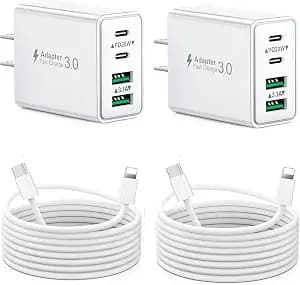 2-Pack iPhone 14 13 Charger Fast Charging, 40W 4-Port USB C Chargers Block with 6FT USB C to Lightning Cable for iPhone 14 13 12 11 Pro Max XS XR X 8, Multi Wall Plug Power Adapter Charging Box