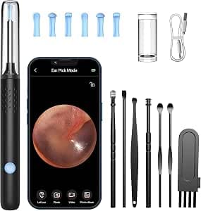 Ear Wax Removal, Ear Cleaner with 7 Pcs Ear Set, Ear Wax Removal Tool Camera with 1080P Ear Otoscope & 6 LED Lights, Wireless Ear Pick for Ear Cleaning with 6 Ear Spoons Black