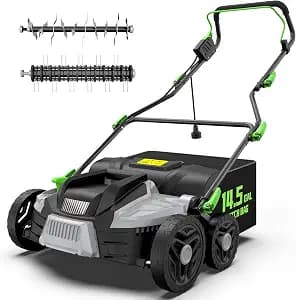 16-Inch 15.5 Amp 2-in-1 Electric Dethatcher and Scarifier with 14.5-Gallon Removable Thatch Collection Bag, Lawn Dethatcher with 5-Position Depth Adjustment, Quick-Fold, Keeps Lawn Healthy