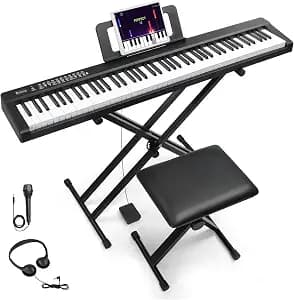 Ktaxon 88 Key Keyboard Piano with Bluetooth MIDI, 3 Teaching & Dual Keyboard Mode, 1000 Rhythms & Tones, 150 Demos, Digital Piano with Bench, Headphones, Microphone, Pedal, Piano Sticker (Full-Black)