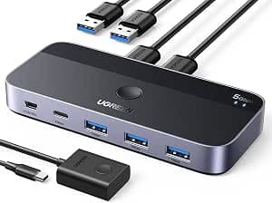 UGREEN USB Switch 2PC with 1C3A 3.0 Ports, 2 in 4 Out USB Switch KVM Switch Aluminium Housing with Desktop Controller, 2 x A to A Cables for Keyboard, Mouse, Printer, Scanner etc.