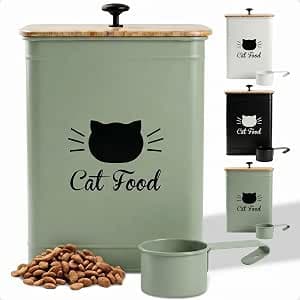 Metal Cat Food Container with Scoop 5-7 lb (25 Cup), w/ Airtight Bamboo Lid | Cat Kibble Canister with Metal Scoop, 25 Cups, Chew Proof Iron Body, Powder Coated, Airtight Bamboo Lid, Sturdy Metal Handle