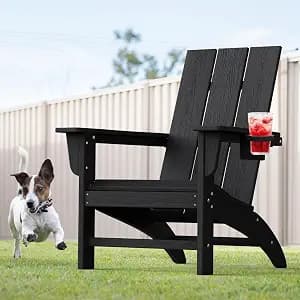 Modern Adirondack Chair with Cup Holder, HDPE Plastic Patio Chairs for All Weather, Fire Pit Chair, Outdoor Lawn Chairs for Deck, Porch, Backyard, Garden, Black