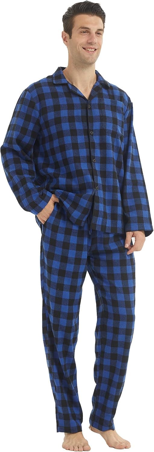 YUSHOW Mens Flannel Pajamas Sets 2 Piece Long Sleeve Plaid Pjs with Pockets