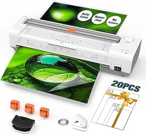 13 Inch Laminator Machine with Auto Paper Feed, Never Jam A3 Thermal & Cold Lamination, 20 Laminating Sheets, 10-in-1 Laminator with Cutter, Trimmer & Corner Rounder for Office School Home Use（White）