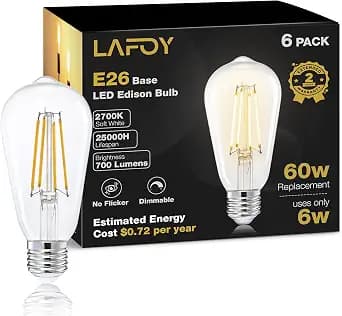 Lafoy LED Edison Bulbs 60 Watt Dimmable, Vintage E26 Light Bulb Soft White 2700K, ST58 Teardrop Antique Style 60W Equivalent Lightbulbs, Medium Base 6W 700 Lumen 120V, 6 Pack