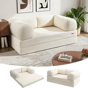 COMAX 4‑in‑1 Futon Sofa Bed Queen – Floor Foldable Convertible Sofa Couch with L‑Shaped Armrests, Removable Cover, Convertible Guest Bed | Space‑Saving Fold‑Out Mattress Lounge for Living Room, Beige