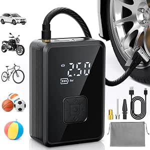 Oasser Mini Portable Car Air Compressor, 150PSI (10.3Bar) Cylinder 17 mm with Digital LCD Screen and USB Type-C USB Rechargeable LED Torch, Equipped with 30 cm Flexible Hose and Storage Bag