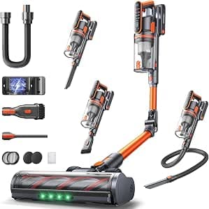 Fieety Cordless Vacuum Cleaner, 600W 50KPA Stick Vacuum with Touch Screen Auto-mode, 65 Mins Lightweight Home Vacuum with 180° Foldable Wand &1M Hose, Wall-Charging, Aroma, for Hard Floor Carpet Hair