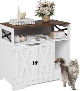 Cat Litter Box Enclosure Tall Hidden Litter Box Furniture Cat House Wooden Cat Washroom Cabinet 2-in-1 Farmhouse Design for Living Room,Hallway,White Walnut