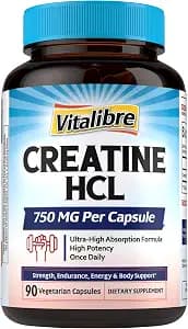 Vitalibre Creatine HCl Capsule, 750mg High Absorption Creatine Hydrochloride, Endurance, Strength, Fast Absorbing, No Load, No Bloat, Monohydrate Micronized Alternative, Once Daily, 90 Capsules