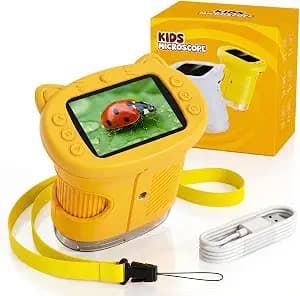 Kids Microscope, 1000X Handheld Digital Pocket Microscope with 2.4" IPS Screen & 8 LEDs, Rechargeable STEM Educational Science Toy for Outdoor Exploration, Gift for Boys Girls Age 4-12, Yellow
