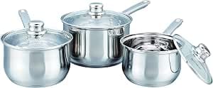 Buckingham Stainless Steel Professional Induction Set of 3 Deep Saucepans with Glass Lid, 16 cm / 2.0, 18 cm / 2.8 20 cm / 3.8 Litre-Premium Quality, 40 x 25 x 15 cm