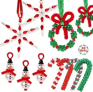 NESTRE Christmas Crafts for Kids - 35 Sets Christmas Beaded Ornament Kits Including 6Pcs Snowflake,4Pcs Snowman,15Pcs Wreath,10Pcs Candy Cane,for Xmas Holiday Party Tree DIY Decorations
