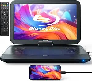 GOnavidio 17.6" Portable Blu Ray DVD Player with 15.4" Large Screen, HDMI in/Out, Sync Screen, 4000mAh Rechargeable Battery, 1080P MP4 MKV Video, Surround Audio, USB/TF Card(Include HDMI Cable)