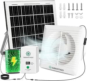 Solar Powered Exhaust Fan Kit, 25W 8" Ventilation Fan with Battery Backup, Up to 9‑Hour Runtime, 430CFM, IP44 Waterproof, for Chicken Coop, Greenhouse, Shed, Attic, RV