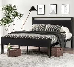 SHA CERLIN 14 Inch Full Size Metal Platform Bed Frame with Wooden Headboard and Footboard, Mattress Foundation, No Box Spring Needed, Large Under Bed Storage, Non-Slip Without Noise, Black Oak