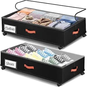 Under Bed Storage with Wheels 2-Pack, Under Bed Storage Containers 66L Clear Lids, Rolling Storage Drawers for Clothes Shoes Blankets, Underbed Organizer Bins(30" L x 16.2" W x 7.5" H)