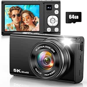 5K 96MP Digital Camera for Photography with 6X Optical Zoom,2026 Upgraded Autofocus Vlogging Camera for YouTube with Dual Lens, 64GB Card, Flash, Anti-Shake, Compact Point and Shoot Digital Cameras