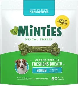 Minties Dog Dental Bone Treats, Dental Chews for Dogs 25-50 lbs, 60 Count, Brushing Chews Helps Clean Teeth and Freshen Bad Breath, Removes Plaque and Tartar, Veterinarian Recommended
