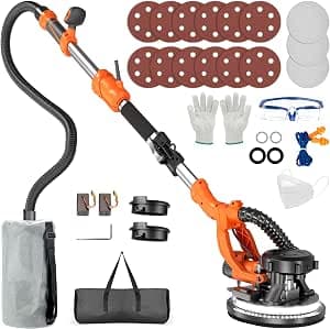 Protmex Drywall Sander - 1000W Wall Sander with Vacuum Dust Collection and LED Light 6 Speed 800-2200RPM 15Pcs Sanding Discs Foldable Extendable Electric Sanding Machine for Walls Popcorn Ceiling