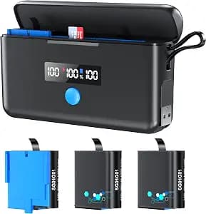 3 Pack GoPro Hero 8/7/6/5 Battery with Display Screen Charger, SD Card Reader, and Rapid Charging Compatibility for Hero 11/10/9/8/7/6/5 Models