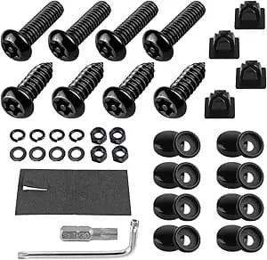 YALOK Anti Theft License Plate Screws Kits- Rustproof Stainless Steel Car Tag Plate Mounting Hardware, M6 (1/4") Tamper Proof Fastener Nut, Caps Cover for Front Rear Frame Holder Mounting（AT-Black/8）