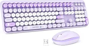 Wireless Keyboard and Mouse Combo, 2.4GHz Retro Full-Sized Keyboard and Wireless Quiet Mouse for Office PC Desktops Laptops Computer, Cute Bunny Theme, Purple