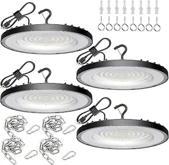 WTL 150W UFO LED High Bay Light，100V-277V，18000LM High Bay Led Shop Lights，5000k Dimmable 0-10V UFO Lights ，IP65 Waterproof Commercial Bay Lighting，Shop Light for Warehouse, Garage, Factor,4PK