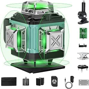 16 Line Laser Level 360 Self Leveling, 4x360° Professional 4D Green Cross Line Laser Level for Construction and Picture Hanging with 2 Batteries,Remote Control