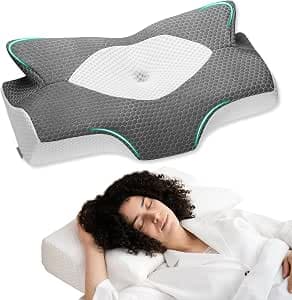 Elviros Orthopaedic Memory Foam Neck Pillow, Ergonomic Pillow, Neck Pain for Back, Sides and Stomach Sleepers, Washable, Cool Pillowcase, 64 x (11.5/13) x 40 cm