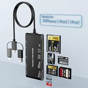 7-in-3 Lightning & USB-C & USB3.0 Multi Card Reader, SD CF XD MS Micro SD TF Card Reader for iPhone/iPad, Memory Card Reader High-Speed Trail Camera Viewer, Plug and Play, Simultaneously Read/Write